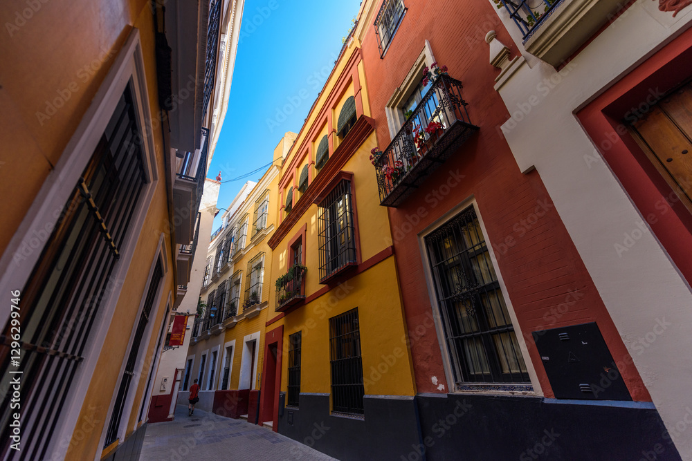 Seville, Spain - August 01, 2024: Walking the streets of the old town of Seville, Spain.