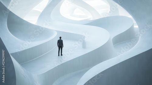 A man, lost in a labyrinth of white, his silhouette a stark contrast against the ethereal landscape, his journey a surreal odyssey through a world devoid of color and form.