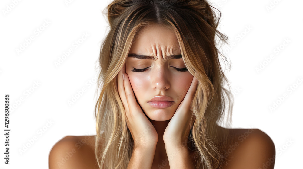 Captured Distress: A captivating portrait of a woman whose expression reflects emotional strain or worry, fingers gently touching her cheeks.