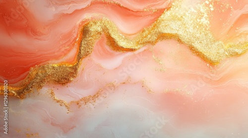 Abstract fluid art featuring coral and gold colors details
