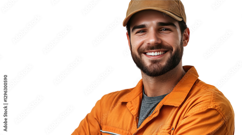 Smiling Technician: Portrait of a cheerful technician in workwear, radiating confidence and expertise, showcasing professionalism and dedication. Smiling Technician: Portrait of a cheerful technician in workwear, radiating confidence and expertise, showcasing professionalism and dedication.