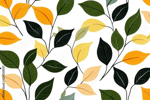 Black tea leaves floating in the air, a seamless pattern on a white background, simple and minimalist
