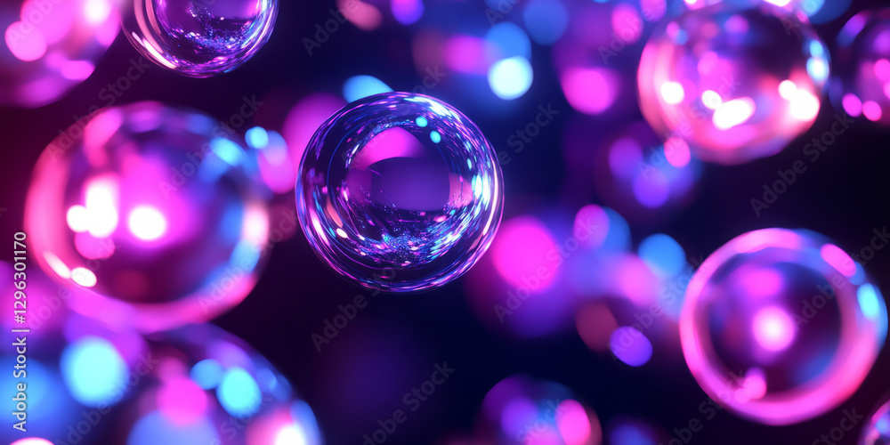 A dynamic 3D abstract background featuring luminous glass-like spheres floating in a dark void. The surfaces are highly reflective, catching neon blue and magenta light, creating a mesmerizing A dynamic 3D abstract background featuring luminous glass-like spheres floating in a dark void. The surfaces are highly reflective, catching neon blue and magenta light, creating a mesmerizing