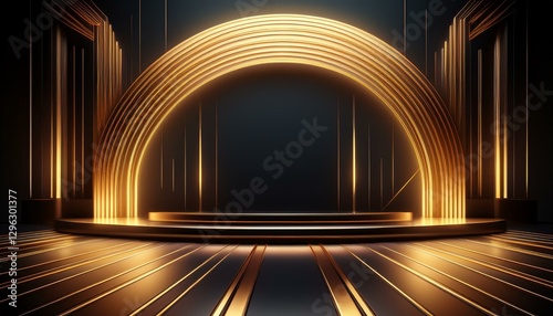 abstract background with glowing golden lines and arch on a black background forming a theater stage podium or show space