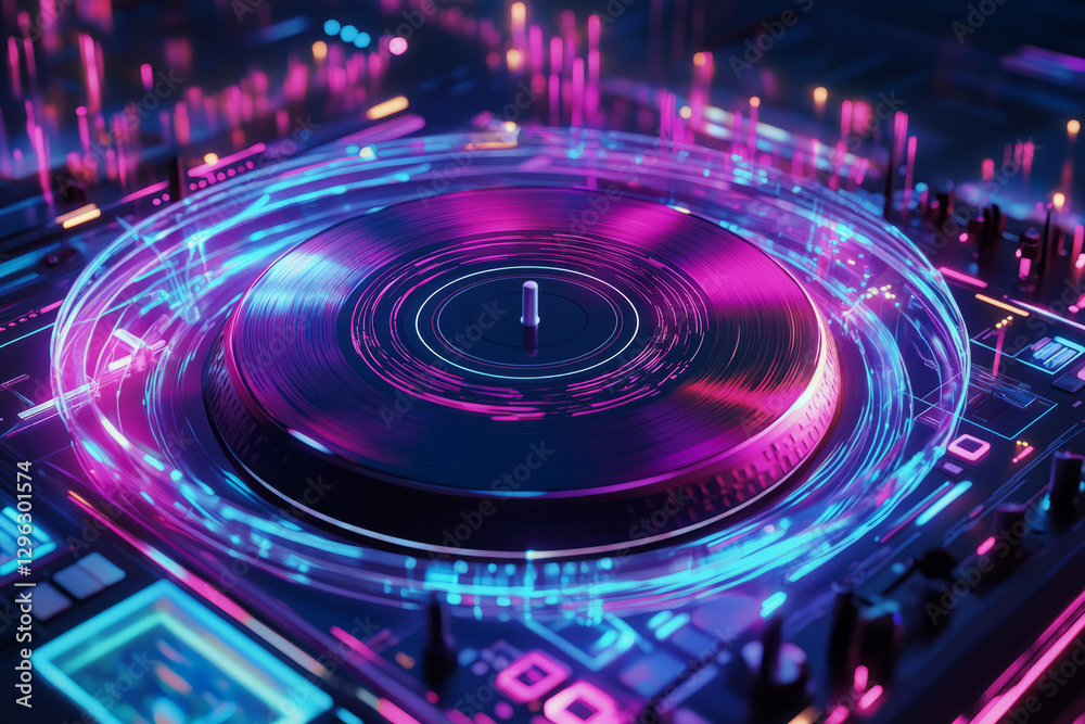 Obraz premium A cyberpunk-inspired 3D music background showcasing a DJ turntable surrounded by pulsating neon energy rings. The spinning vinyl emits glowing sound waves that ripple outward, forming intricate
