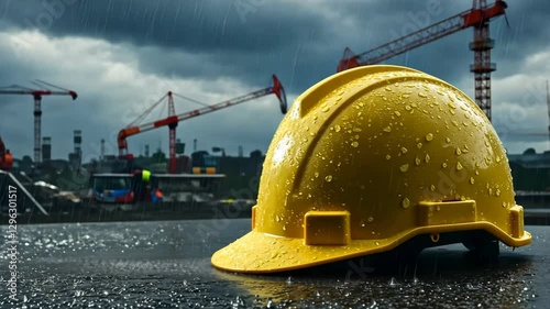 Rain-soaked construction site with yellow hard hat and tower cranes.