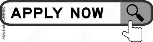 Search banner in word apply now with hand over magnifier icon on white background
