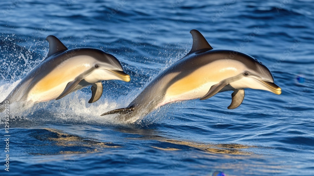 Fototapeta premium Aerial drone view of dolphins surfing side by side in a deep blue ocean