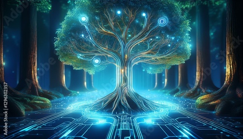 a glowing futuristic tree seamlessly merging nature and technology with circuit like roots and a vibrant digital aesthetic in a forest
