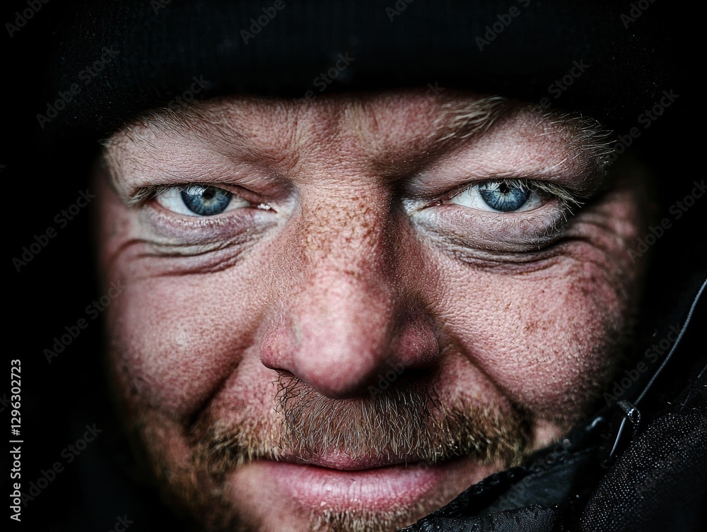 Close-Up Portrait of a Rugged Man with Intense Blue Eyes and Determination Close-Up Portrait of a Rugged Man with Intense Blue Eyes and Determination