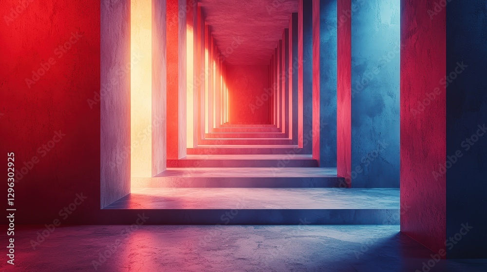 Fototapeta premium Futuristic corridor with vibrant red and blue lighting creating a stunning visual depth and abstract architectural design