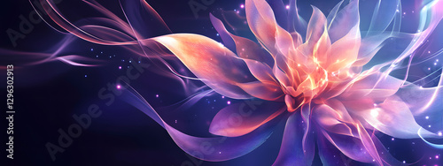 Flowers with iridescent colors and light effects, white lines, purple and blue gradients
