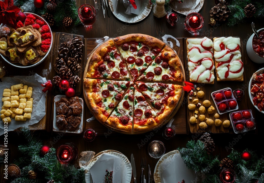 Festive Holiday Feast with Pizza, Desserts, and Seasonal Treats Festive Holiday Feast with Pizza, Desserts, and Seasonal Treats