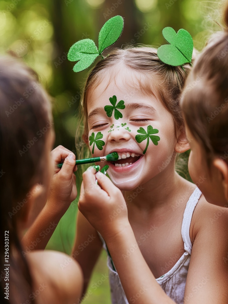 St. Patrick's Day Fun Kids Painting Shamrock Face Happy Celebration Holiday St. Patrick's Day Fun Kids Painting Shamrock Face Happy Celebration Holiday