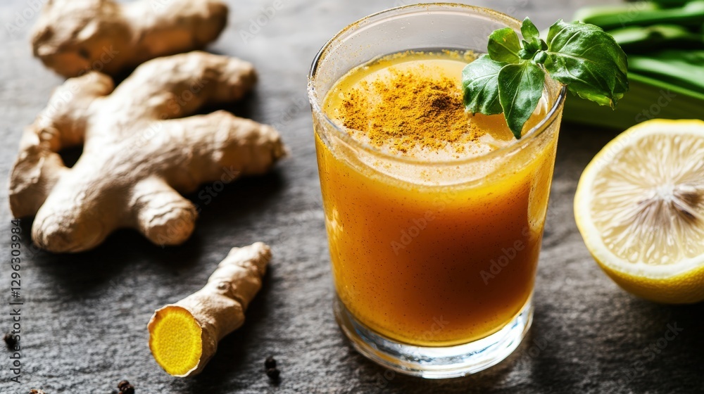 Glass of ginger juice garnished with lemon slice and fresh mint leaves on a wooden table Glass of ginger juice garnished with lemon slice and fresh mint leaves on a wooden table