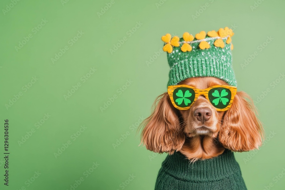 Fototapeta premium Cheerful dog wearing a festive green sweater and sunglasses, celebrating St Patrick s Day with a playful expression against a vibrant green background