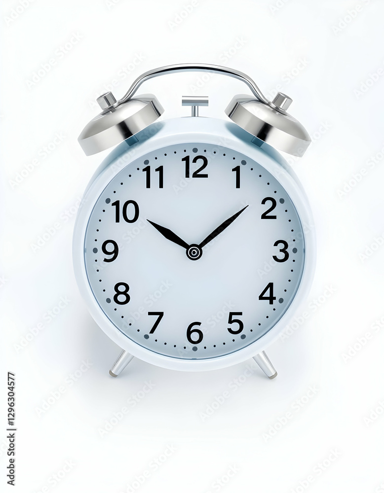 Classic White Alarm Clock Showing Time Against a Plain Backdrop Classic White Alarm Clock Showing Time Against a Plain Backdrop