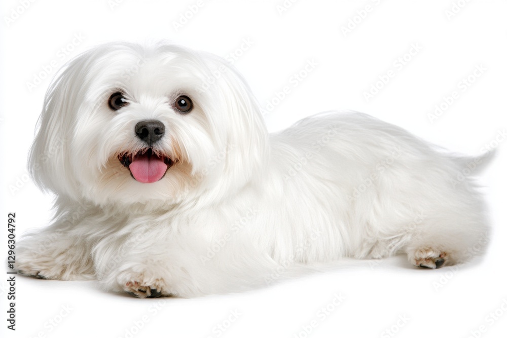 Cute Maltese dog with tongue out, isolated on a white background. Detailed photograph, high-resolution photography, professional color grading, soft shadows, low contrast, and clean, sharp focus Cute Maltese dog with tongue out, isolated on a white background. Detailed photograph, high-resolution photography, professional color grading, soft shadows, low contrast, and clean, sharp focus