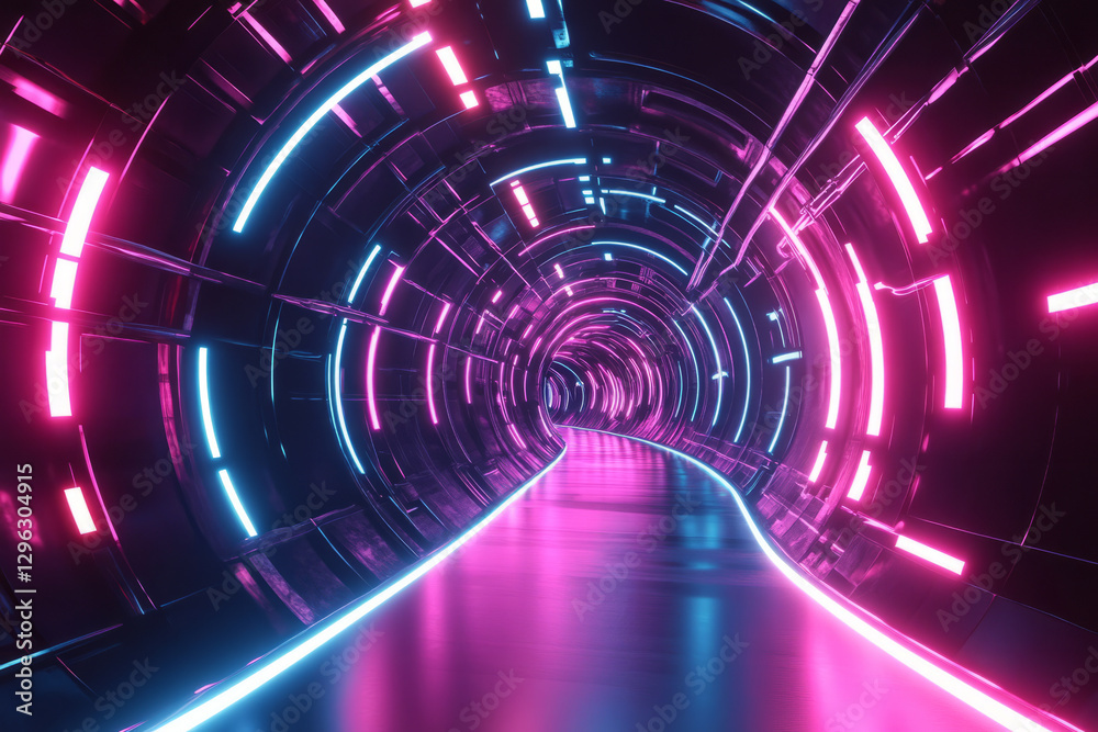 A cyberpunk-inspired 3D abstract background showcasing an endless tunnel of glowing music waveforms. The synchronized neon lights shift in perfect harmony, forming a mesmerizing representation of