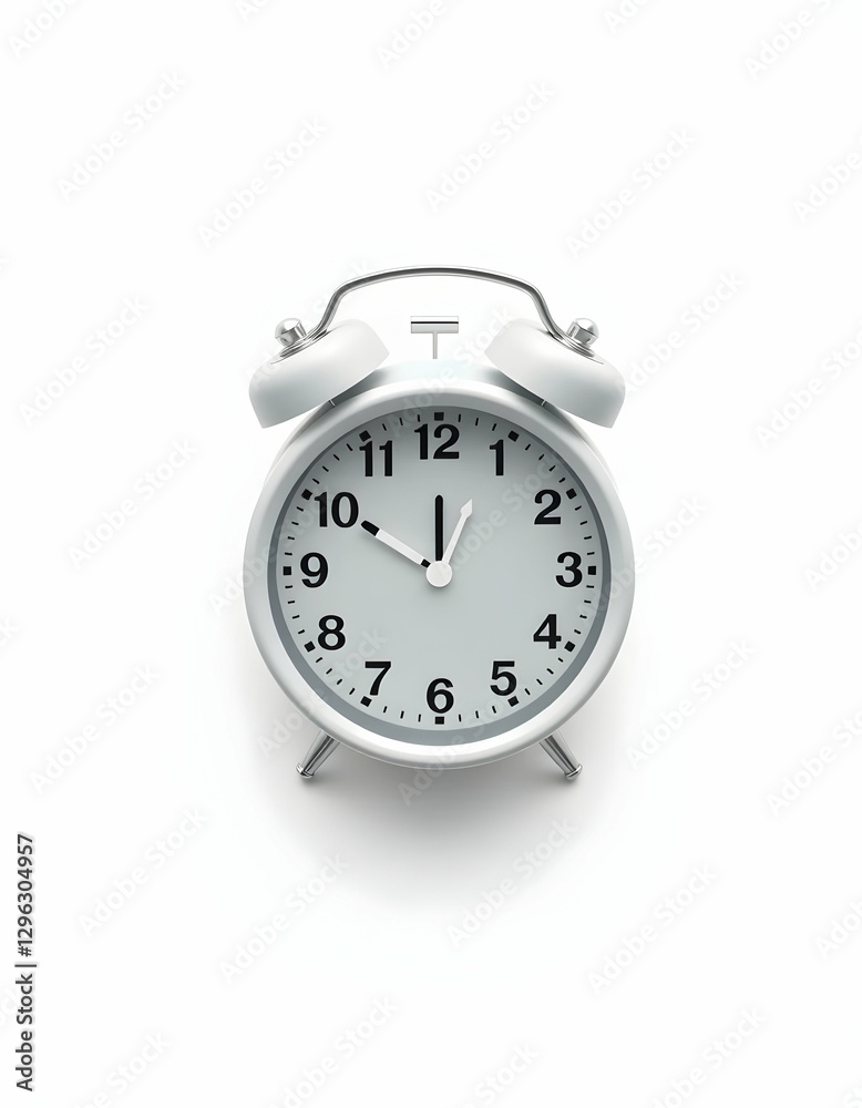 Showing Time a White Alarm Clock on a White Background Showing Time a White Alarm Clock on a White Background
