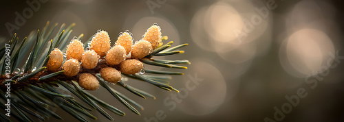 Closeup of dewcovered pine cones on a branch.  Soft, natural light creates a serene and tranquil mood. Ideal for nature, spring, or environmental themes. photo