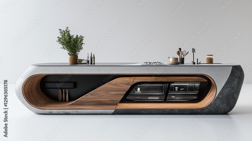 Fototapeta premium A modern kitchen designed with a unique, sculpture aesthetic.