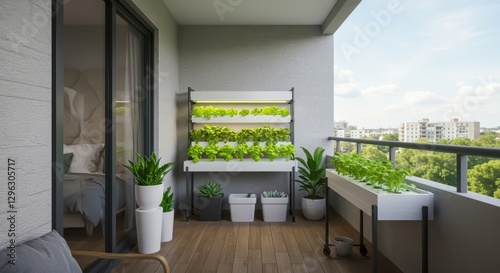 Modern balcony hydroponic garden with lush green plants growing in vertical racks and planters in an urban high-rise setting