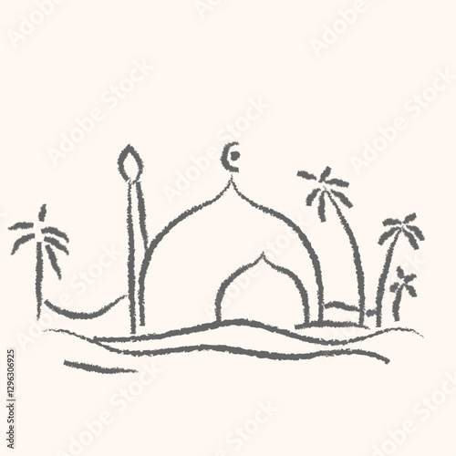 Hand drawn vector illustration of a mosque with palm trees in the background