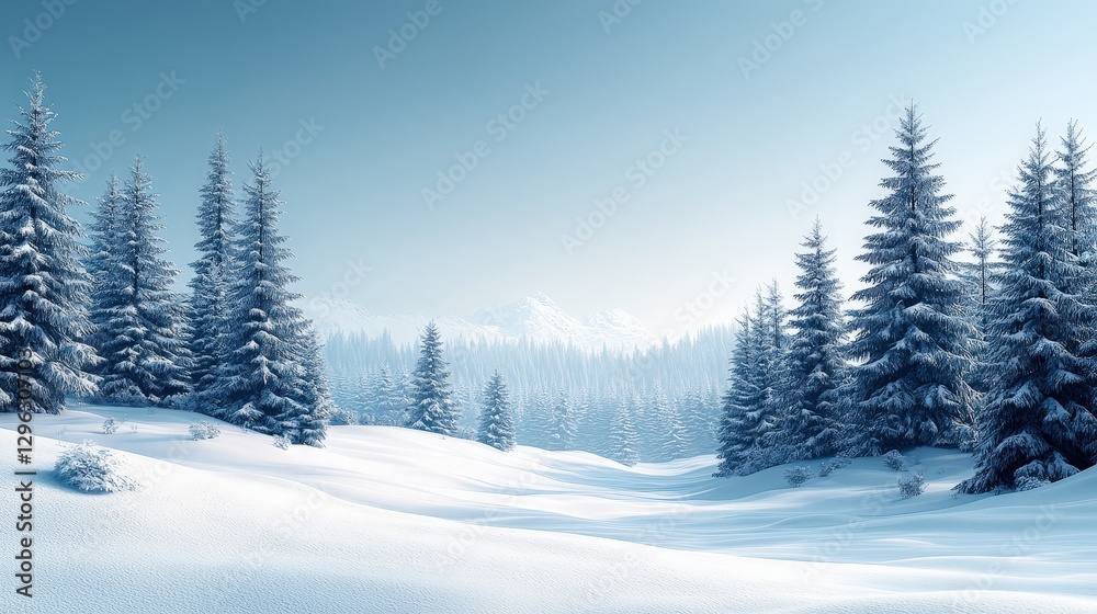 Fototapeta premium Serene Winter Landscape with Snow-Covered Pines and Majestic Mountains in a Calm Blue Sky Setting