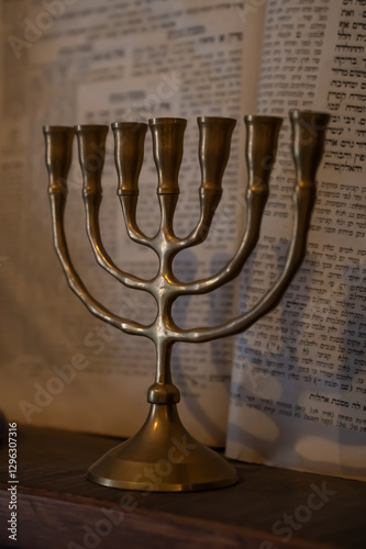 A brass menorah stands on a wooden shelf against a backdrop of Hebrew texts, symbolizing Jewish heritage and tradition. photo