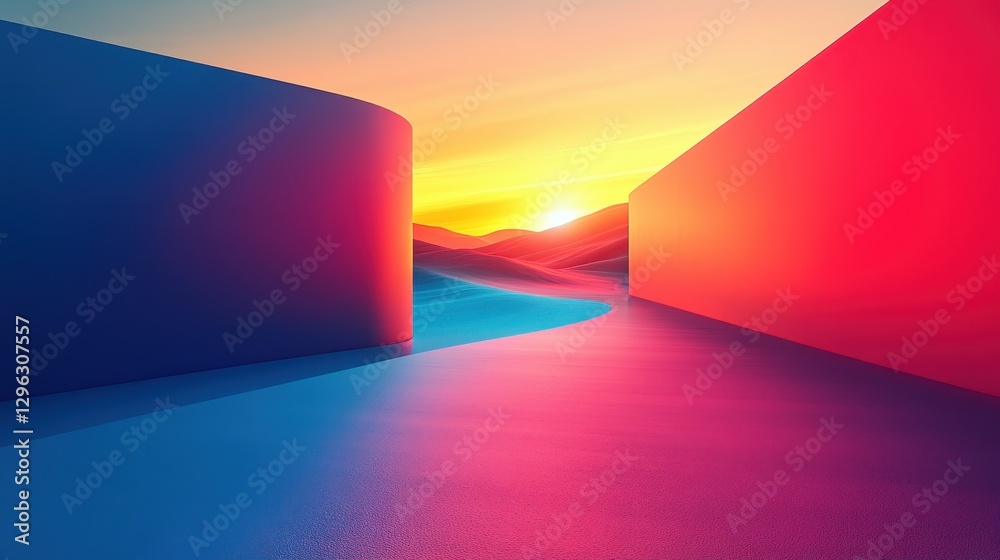 Fototapeta premium Vibrant Sunset Over Abstract Landscape with Curved Formations and Gentle Sand Dunes in a Dreamy Color Palette