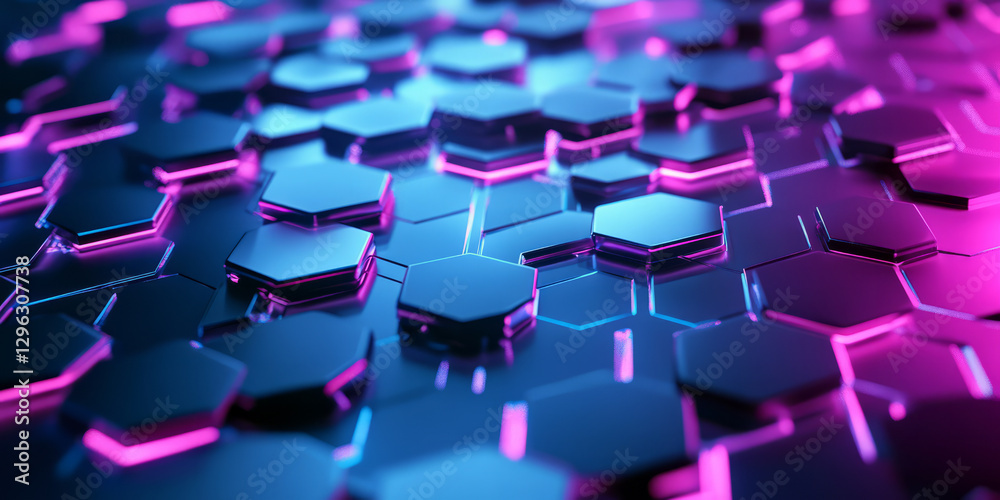 A dynamic 3D abstract background displaying floating, interconnected hexagons with neon edges. The high-tech reflections and immersive depth create a futuristic digital landscape, reminiscent of A dynamic 3D abstract background displaying floating, interconnected hexagons with neon edges. The high-tech reflections and immersive depth create a futuristic digital landscape, reminiscent of