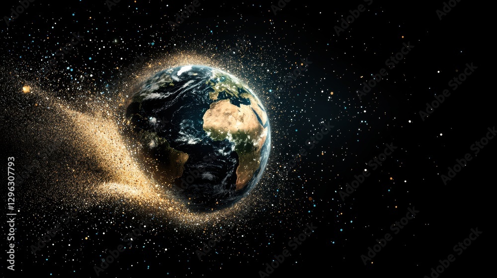 Obraz premium A planet in space with a gold trail behind it.