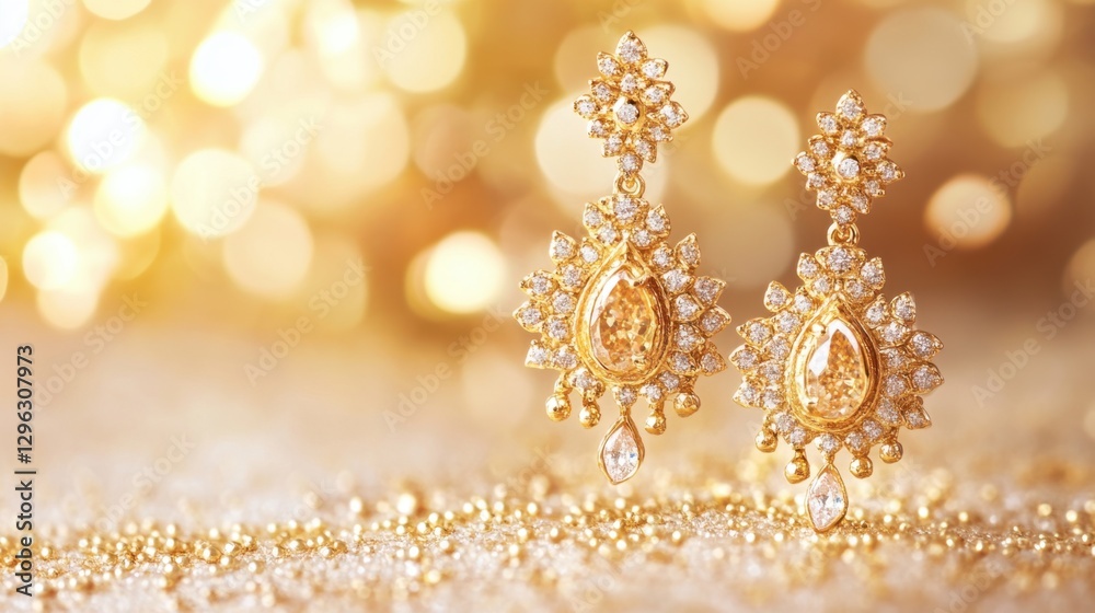 A glamorous set of gold earrings with gemstones, displayed against a blurred golden bokeh background A glamorous set of gold earrings with gemstones, displayed against a blurred golden bokeh background