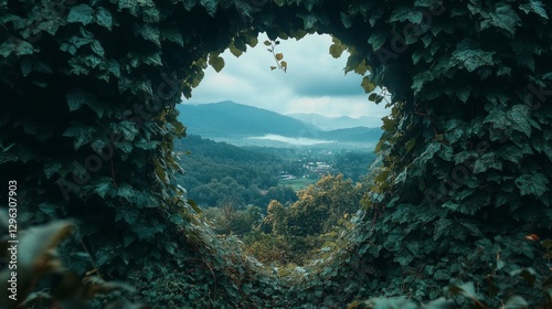 Lush green foliage frames a distant mountain landscape view