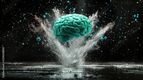 A 3D rendering of a teal brain bursting from a white splash against a black background.
