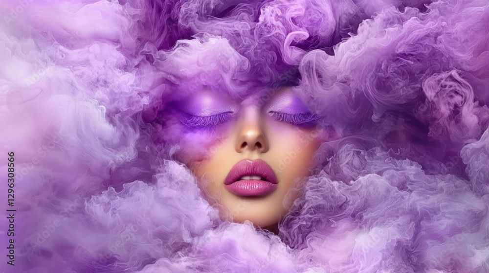 A woman's face is partially obscured by a cloud of purple smoke. A woman's face is partially obscured by a cloud of purple smoke.