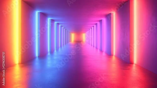 Futuristic corridor illuminated with neon lights in vibrant colors of blue, pink, and purple for creative backgrounds