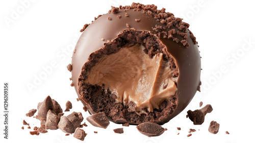 chocolate truffle with a bite taken out, revealing the creamy filling.