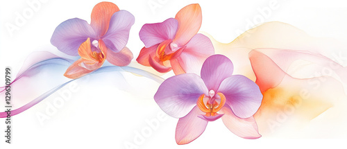 Delicate orchids with vibrant hues and soft flowing abstract background