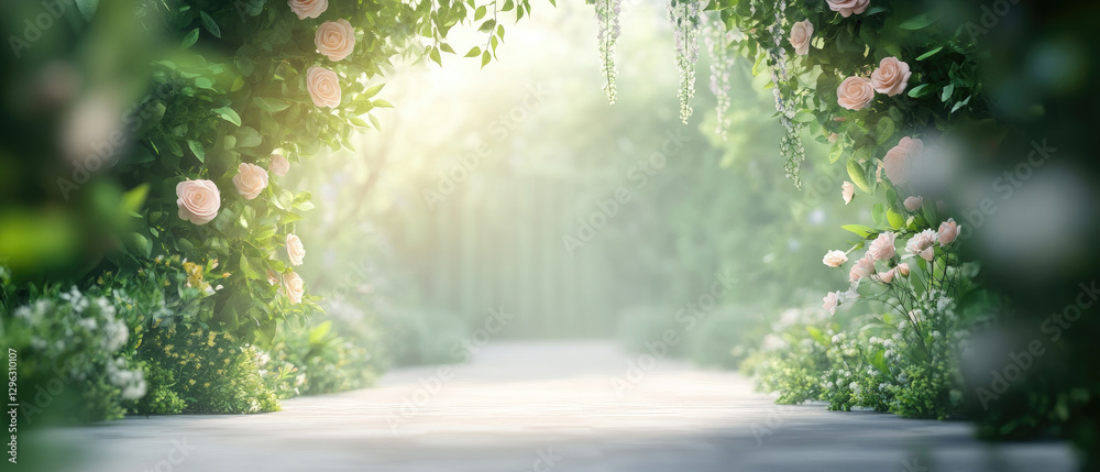 Fototapeta premium serene garden path adorned with lush floral archways, roses, ivy, and wisteria