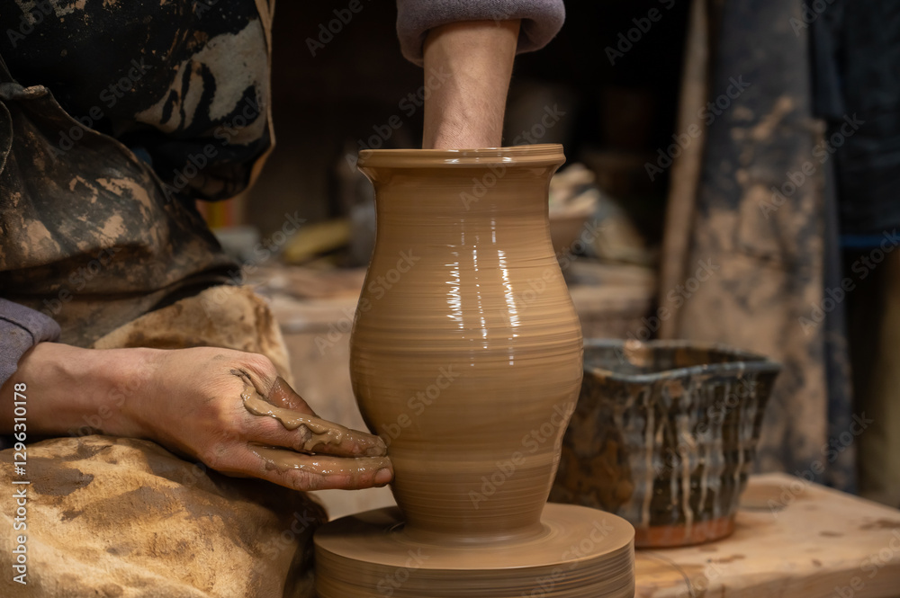 A close-up of a potter’s hands covered in wet clay as they shape a tall ceramic vase on a spinning pottery wheel. A close-up of a potter’s hands covered in wet clay as they shape a tall ceramic vase on a spinning pottery wheel.