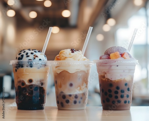 Three different types of bubble tea in plastic cups with colorful straws and black tapioca pearls on top, sitting side by side on the table against a milk tea shop background, Generative AI