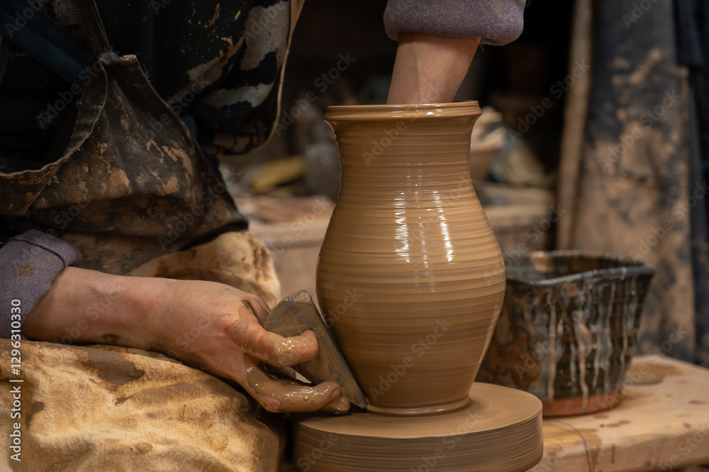 Close-up of a potter’s hands covered in wet clay as they carefully shape a ceramic vase on a pottery wheel. Close-up of a potter’s hands covered in wet clay as they carefully shape a ceramic vase on a pottery wheel.