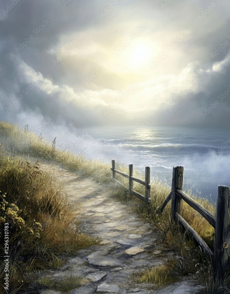 Serene Coastal Pathway Under Dramatic Sky with Golden Sunlight Serene Coastal Pathway Under Dramatic Sky with Golden Sunlight