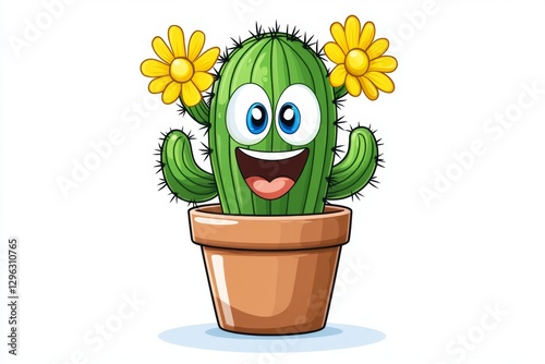 a 2D cartoon illustration of a potted cactus with flowers, cute and prickly, white background photo