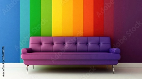 A modern minimalist sofa with a gradient rainbow color wall