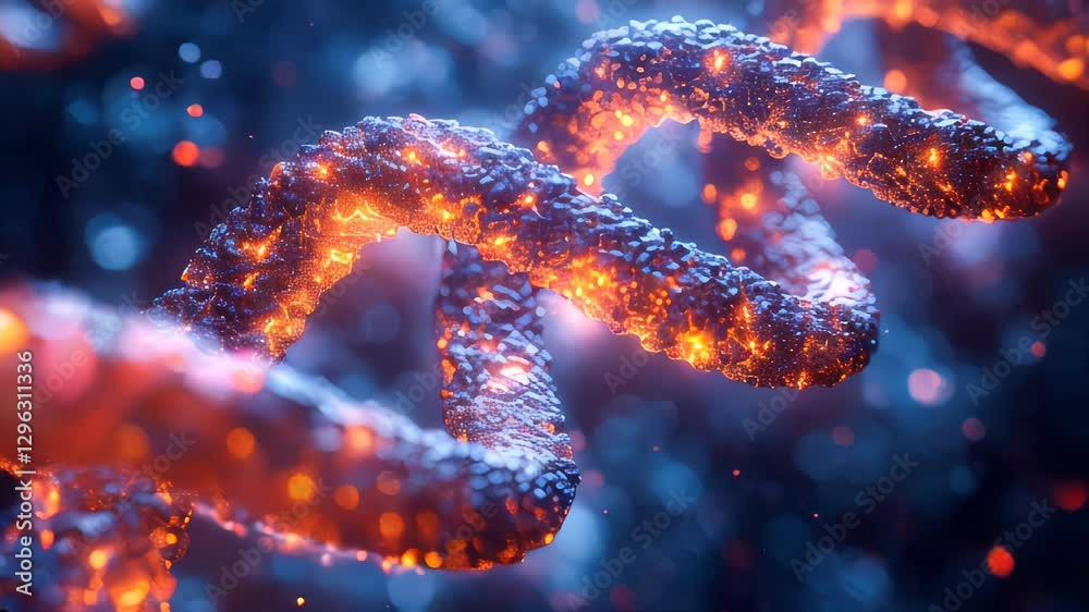 DNA strand composed of glowing particles, representing genetic research and biotechnology advancements DNA strand composed of glowing particles, representing genetic research and biotechnology advancements