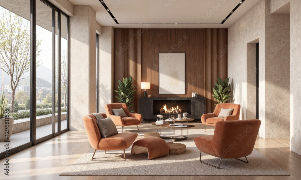 Luxury waiting area with a plush velvet sofa, modern glass coffee table, and neutral-toned walls. Soft overhead lighting and task lighting highlight key Luxury waiting area with a plush velvet sofa, modern glass coffee table, and neutral-toned walls. Soft overhead lighting and task lighting highlight key