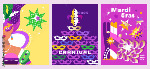 Mardi Gras Carnival, masquerade,  colorful set cards  holidayy template design Vector carnaval banners  with mask, confetti, balloon, garland funky illustration